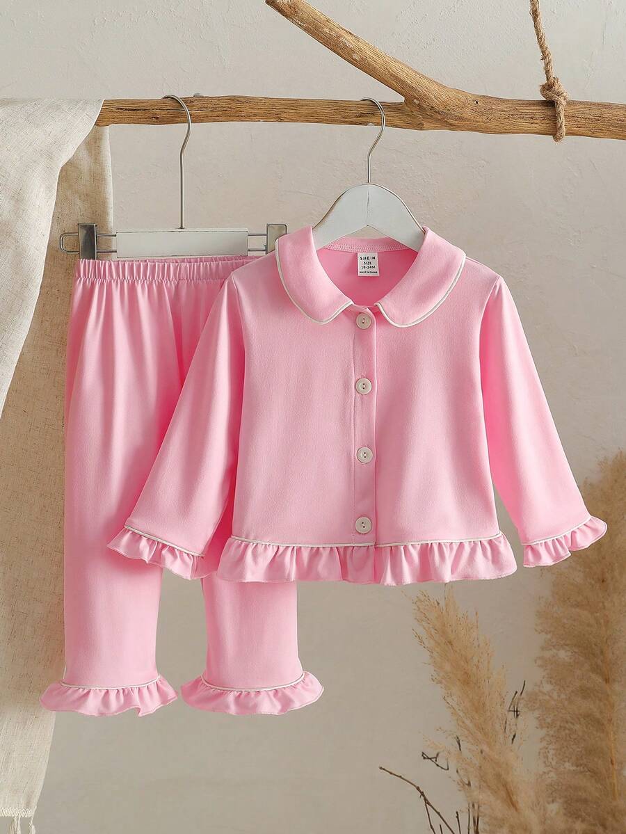 2pcs/Set Baby Girls Pink Collar Button Long Sleeve Cardigan Pajamas With Elegant Ruffle Hem, Soft Fabric Suitable For Autumn/Winter, Also An Ideal Gift For Back To School Season