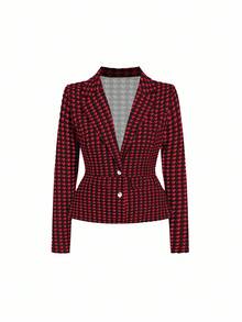 Ellevyn Plus Size Elegant Commuter Houndstooth Blazer & Skirt Suit - Red - View 5