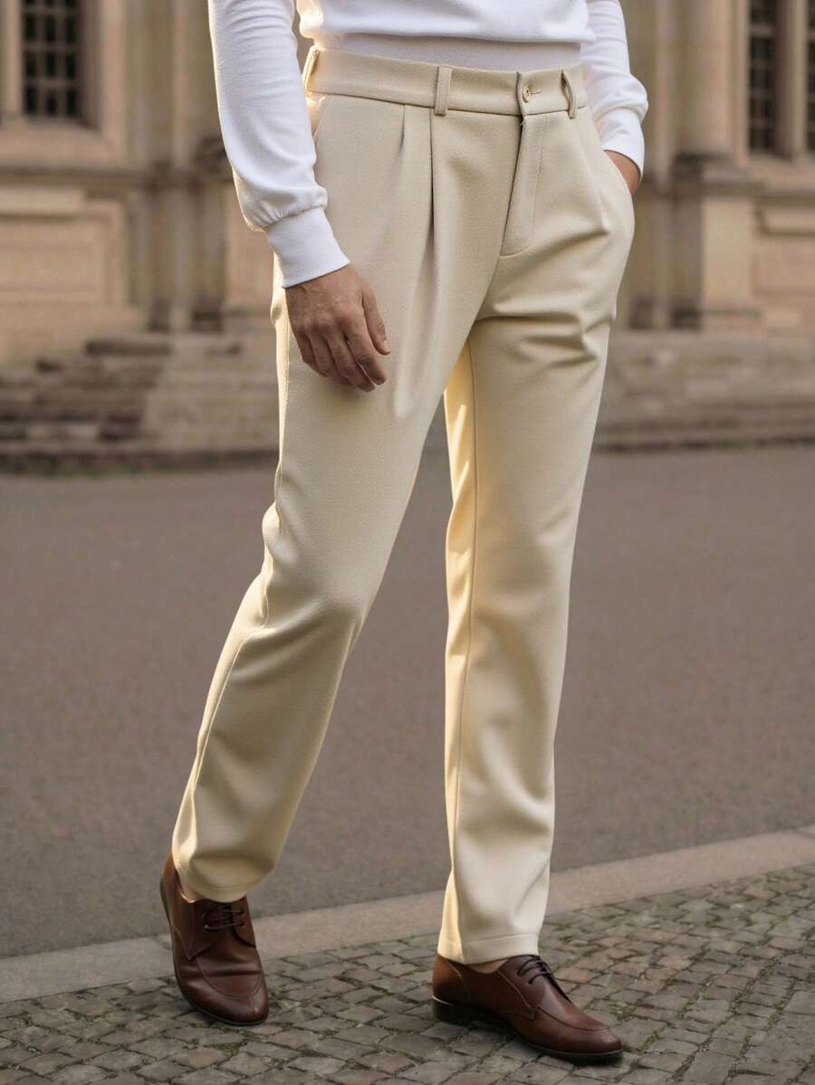 HIMLAND 男士纯色褶裥直筒休闲裤 - 卡其色 - 查看 1