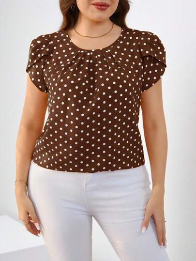 SHEIN Clasi 大码女式休闲日常通勤度假波点印花褶皱圆领花瓣袖上衣