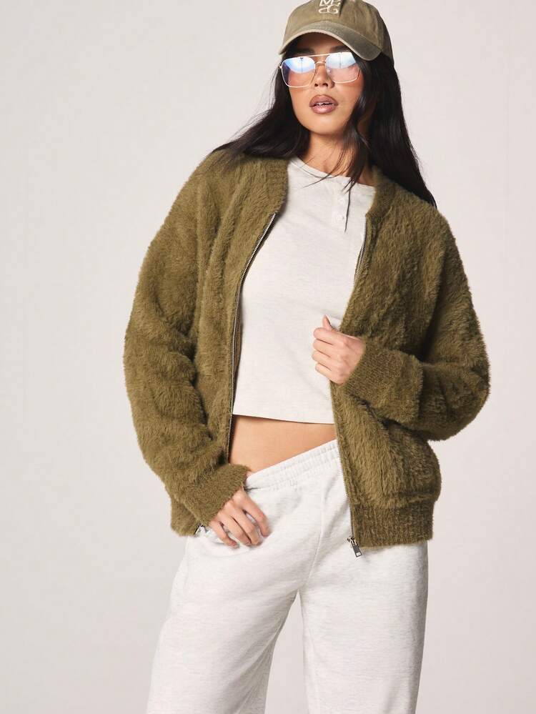 MISSGUIDED Praktische Reißverschluss Teddy-Bär Strickjacke mit Taschen, Langarm, oversized, kuschelig für Herbst und Winter