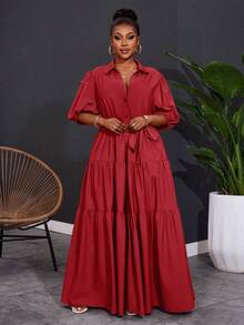SHEIN CURVE+ Váy maxi xếp ly chữ A tay ngắn màu trơn cỡ lớn 2025 dành cho nữ, dáng rộng, kỳ nghỉ Hoho - Màu Đỏ Sâu - Xem 3
