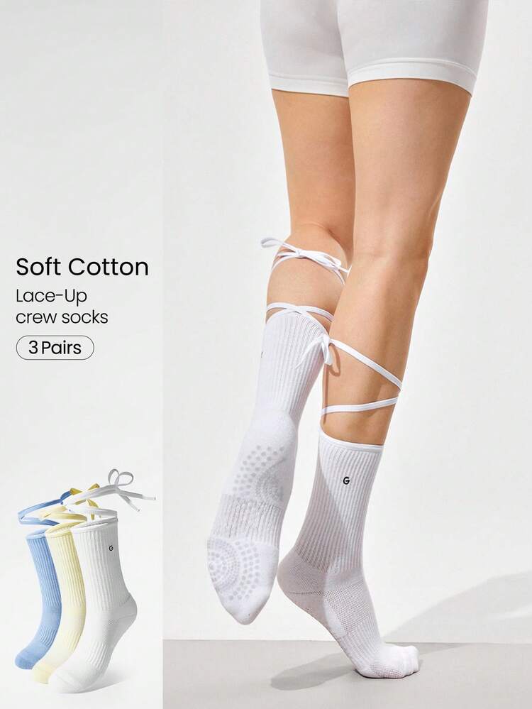 3足セット ソールタイ ソフトで快適な通気性メッシュコットンブレンド レースアップクルーソックス ダンススタジオ デイリーカジュアルウェア