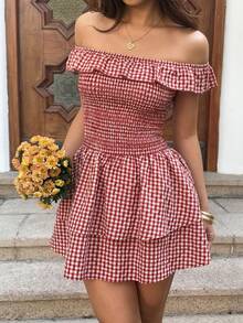 Sunnyshic Women's Red Plaid Off-Shoulder Ruffle Hem A-Line Mini Dress, Fitted Waist, Sweet & Romantic Beach Holiday Style, Spring/Summer - Red - View 3