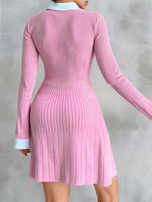SHEIN Ribbed Knit Contrast Collar Sweater Dress With Pearl Button Front And Flared Hem For Sweet Preppy Look - White - View 2