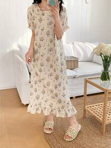 SHEIN Vintaside Kids Đầm dạ hội cổ bèo tay bồng màu vàng in hoa thanh lịch dành cho thiếu nữ, đồ ngủ dễ thương và duyên dáng. - Màu vàng - Xem 6
