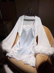 SilkySpell Bộ đồ ngủ nữ bằng ren satin mỏng manh, thanh lịch và gợi cảm. - Màu xanh nhạt - Xem 7