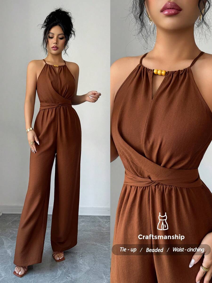 Elenzga Women's Elegant Casual Brown Crinkle Fabric Halter Beaded Design Waist Button Bow Tie Jumpsuit, Spring/Summer - Brown - View 1