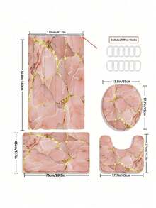 1/4件套粉色大理石纹现代浴帘浴室套装，防水耐磨配件，带12个挂钩 - 包括马桶盖套、浴垫和地毯 - 非涤纶面料 - 可水洗 - 非常适合节日装饰、家居/卧室/住宅/西式装饰 - 彩色 - 查看 13