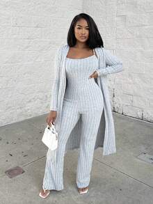 Alexandranx Home Basics Fleece Strip Casual Versatile Cardigan Jacket Camisole Jumpsuit Women's Two-Piece Set - Grey - View 6