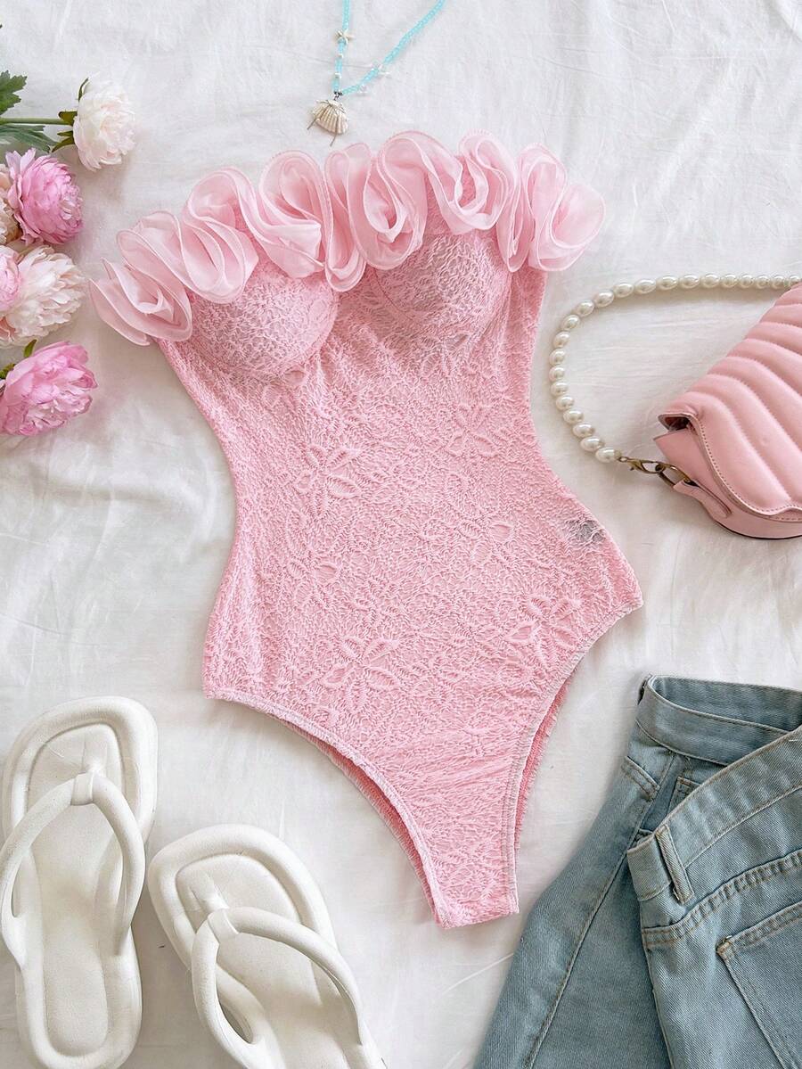 Soleia 女士荷叶边抹胸连体衣，适合度假、派对、约会、下午茶、音乐节、海滩、夏季穿着，波西米亚风，钩针编织，亚麻材质 - 淺粉色 - 查看 1