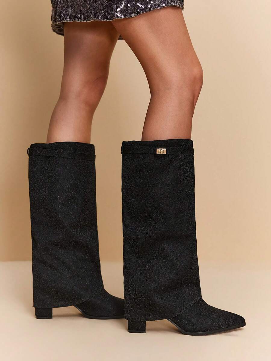 Daringsoles Women's Pointed Toe Buckle Design Fashion Daily Wear Versatile High Heel Knee-High Boots - Black - View 1