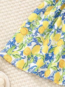 SHEIN Young Girl Lemon Print Hollow Out Waist Strap Vacation Dress, Summer - Multicolor - View 4