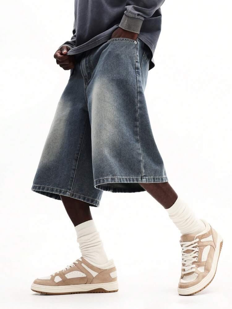 Wide Leg Baggy Denim Shorts With Vintage Wash