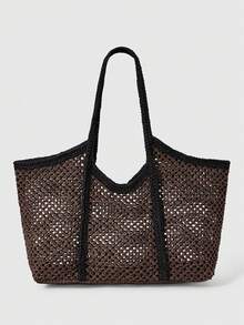 ROMWE Grunge Punk Women's Casual Versatile Commuter Woven Tote Bag - Brown - View 1