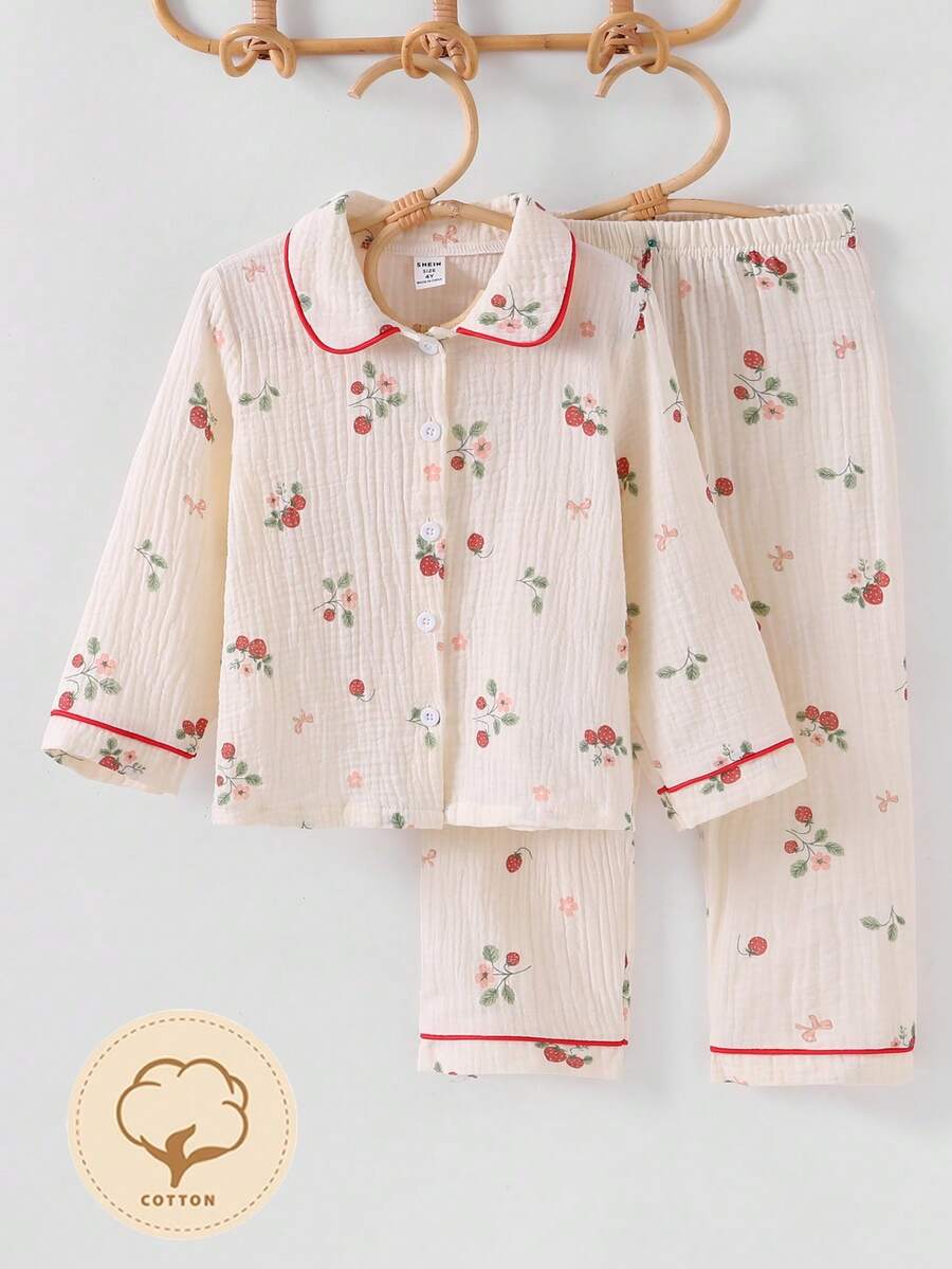 Young Girls Seersucker Strawberry Print Collar Long Sleeve Pajama Set - Beige - View 1
