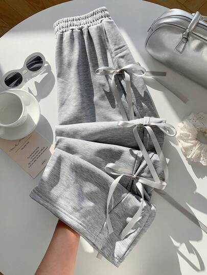SHEIN EZwear Sweet And Cute Bow Tie Wide Leg Sweatpants For Spring/Summer Graduation,Back To School Outfits,Graduation,Teacher Outfits For Women,Back To School