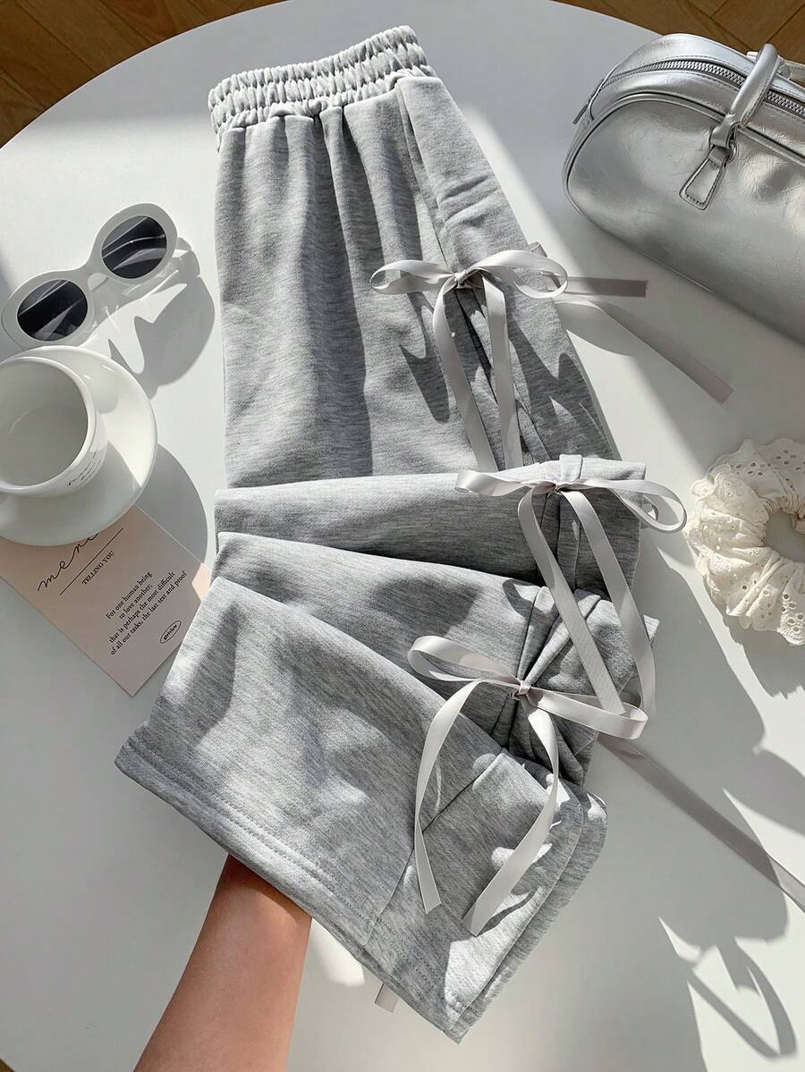 SHEIN EZwear 春夏甜美可爱蝴蝶结阔腿运动裤 - 淺灰色 - 查看 1