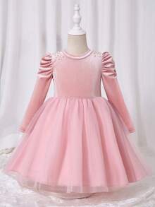 Glamorique Kids 女童红色泡泡袖珍珠装饰时尚连衣裙，网纱设计，适合圣诞节及各种场合