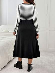 SHEIN Comfortable Casual Striped Long Sleeve Maxi Nursing Dress Pregnant Clothes Postpartum Clothes Nursing Shirts For Breastfeeding Maternity Clothes Maternity Outfits - Black and White - View 2