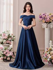 Pitira Marineblau Satin elegantes langes Kleid mit Off-Shoulder, rückenfreiem Bindebanddetail, geeignet für Hochzeiten, Geburtstagsfeiern, Abschlussbälle, Brautjungfernkleider, formelle Abendkleider, Abschlussfeiern, Frühlingsfest - Königsblau - Übersicht 3