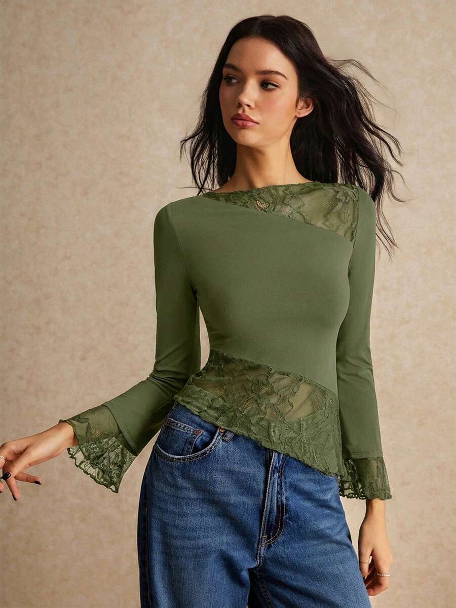 Poéselle Women Clothes, Women Shirts, Women's Fall Clothes Summer Slim Fit Asymmetric Lace Long Sleeve T-Shirt With Hem Splicing And Flutter Design, Halloween Costume Top, All Season Essential, Comfy High Strech Fabric FW24 BOHO Dark Green Top Green Long Sleeve Top - Army Green - View 1