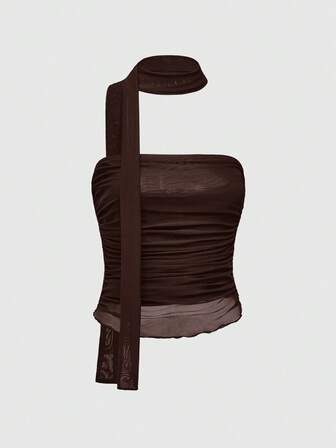 J-Fashion Damen modischer einfarbiger geraffter Bandeau-Top, Sommer