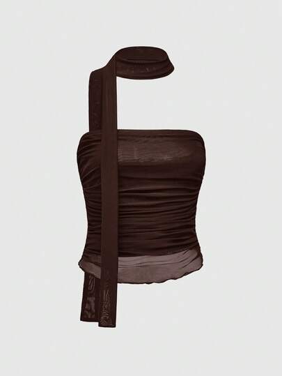 J-Fashion Damen modischer einfarbiger geraffter Bandeau-Top, Sommer