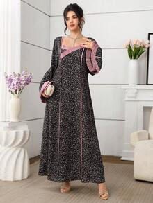 Yasmyna Women's Elegant Arabic Style Woven Floral Print Long Sleeve Dress With Pink Lace Trim, Spring/Summer - Black - View 3