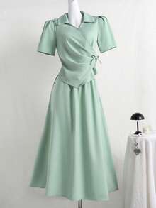 少女优雅简约绿色衬衫半裙套装，通勤休闲装 - 綠色 - 查看 5