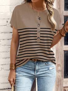 EMERY ROSE 新款女士时尚条纹印花V领纽扣休闲卡其色上衣T恤