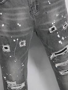 Manfinity Roughcore 男士休闲日常水洗做旧斜插口袋牛仔裤 - 淺灰色 - 查看 5