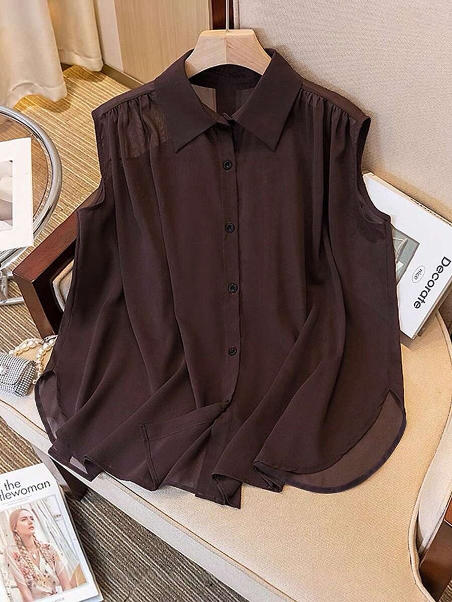Franclia New Turndown Collar Sleeveless Single-Breasted Side Slit Loose Chiffon Blouse, Casual & Commuting Comfortable - Coffee Brown - View 1