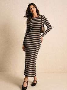 Poéselle Vestido casual de mujer de manga larga con cuello redondo y rayas, estilo vintage, para otoño - Marrón - Ver 2