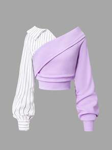 SHEIN 2件套少女时尚优雅通勤套装，纯色条纹衬衫+宽松阔腿裤 - 紫色 - 查看 3