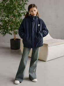 DAZY 少女宽松印花高领拉链抓绒外套，秋季款 - 藏蓝色 - 查看 2