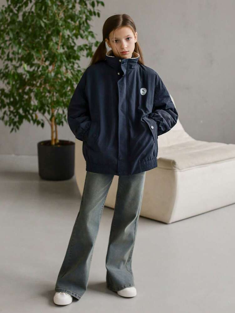 Tween Girls Loose Fit Graphic Print Turtleneck Zip-Up Fleece Jacket, Fall