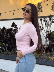 Andrea Bello Women's Solid Color Casual Fitted Knit Cardigan, Versatile For Autumn - Baby Pink - View 6