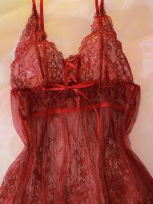 DelicateAllure Váy ngủ nữ cổ chữ V ren gợi cảm ngày lễ tình nhân - Màu Đỏ Sâu - Xem 9