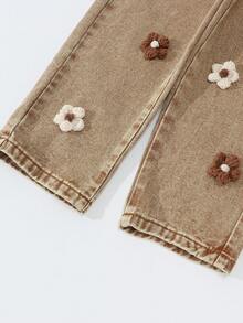 Young Girl Fashion Washed Stereo Floral Jeans - Khaki - View 7