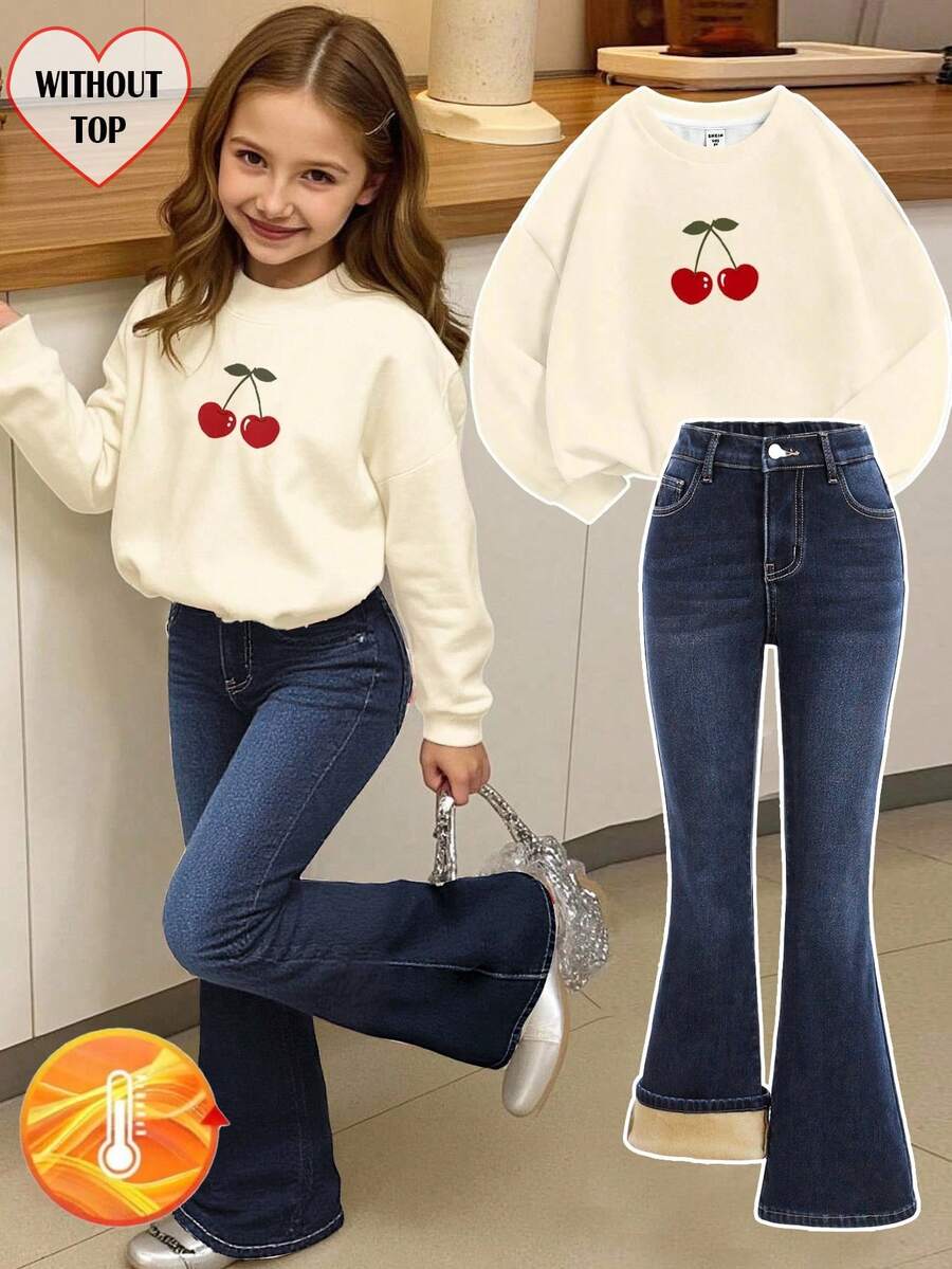 SHEIN Tween Girl Navy Blue Thermal Lined Stretch Denim Flare Pants - Dark Wash - View 1