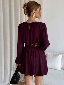 Siren Gaze Vestido mini de moda con cuello redondo, mangas farol, cintura ceñida y dobladillo de volantes transparentes de unicolor para mujer - Rojo violeta - Ver 2