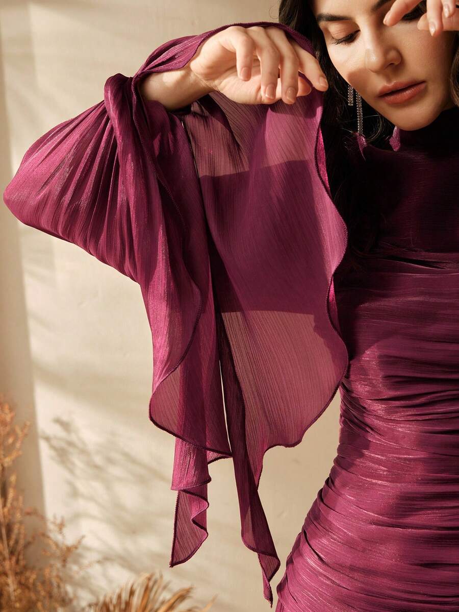 Anewsta Petite Women's Long Dress With Pleated Design, Elegant And Fashionable Evening Gown - Burgundy - View 1