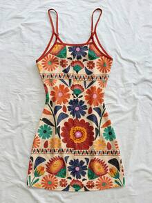 Soleia Apricot Floral Geometric Retro Print Casual Vacation Style Women Spaghetti Strap Mini Dress, Suitable For Spring/Summer Vacation Carnival - Multicolor - View 2