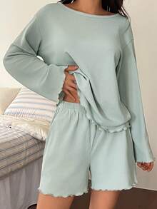 DAZY Minimalist Knit Wavy Hem Women Loungewear Set