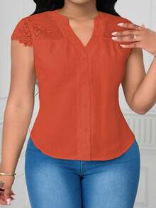 SHEIN Clasi Blouse texturée à col V en dentelle contrastée grande taille - Orange - Voir 6