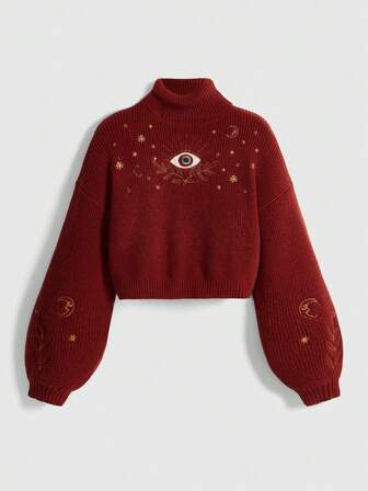 Hippie Maglione retrò stile boho vacanziero con ricamo di luna e stelle, blu-verde