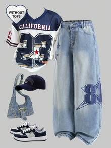 SHEIN Jeansy dla nastolatek, estetyka Y2K, luźna, szeroka nogawka, wygodny bawełniany denim, nadruk w gwiazdki, odpowiednie do noszenia na co dzień, do szkoły, na spotkania, w podróż, na powrót do szkoły, nowość na jesień - Średni jeans - Zobacz 8