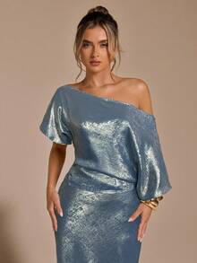 SHEIN BAE 秋冬季纯金色纹理不对称肩部上衣，金色女士衬衫，秋季斜肩上衣，适合夜店派对、外出、秋季女装、复古富贵风、工作/办公室、商务休闲女装、女性办公室着装 - 淺藍色 - 查看 4