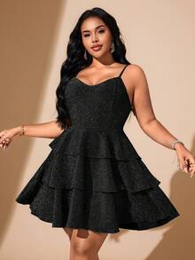 Hourglow Valentine Plus Size Women's Fashionable Party Sequin Strap Multi-Layer Dress, For Hourglass Body Shape - Black - View 11